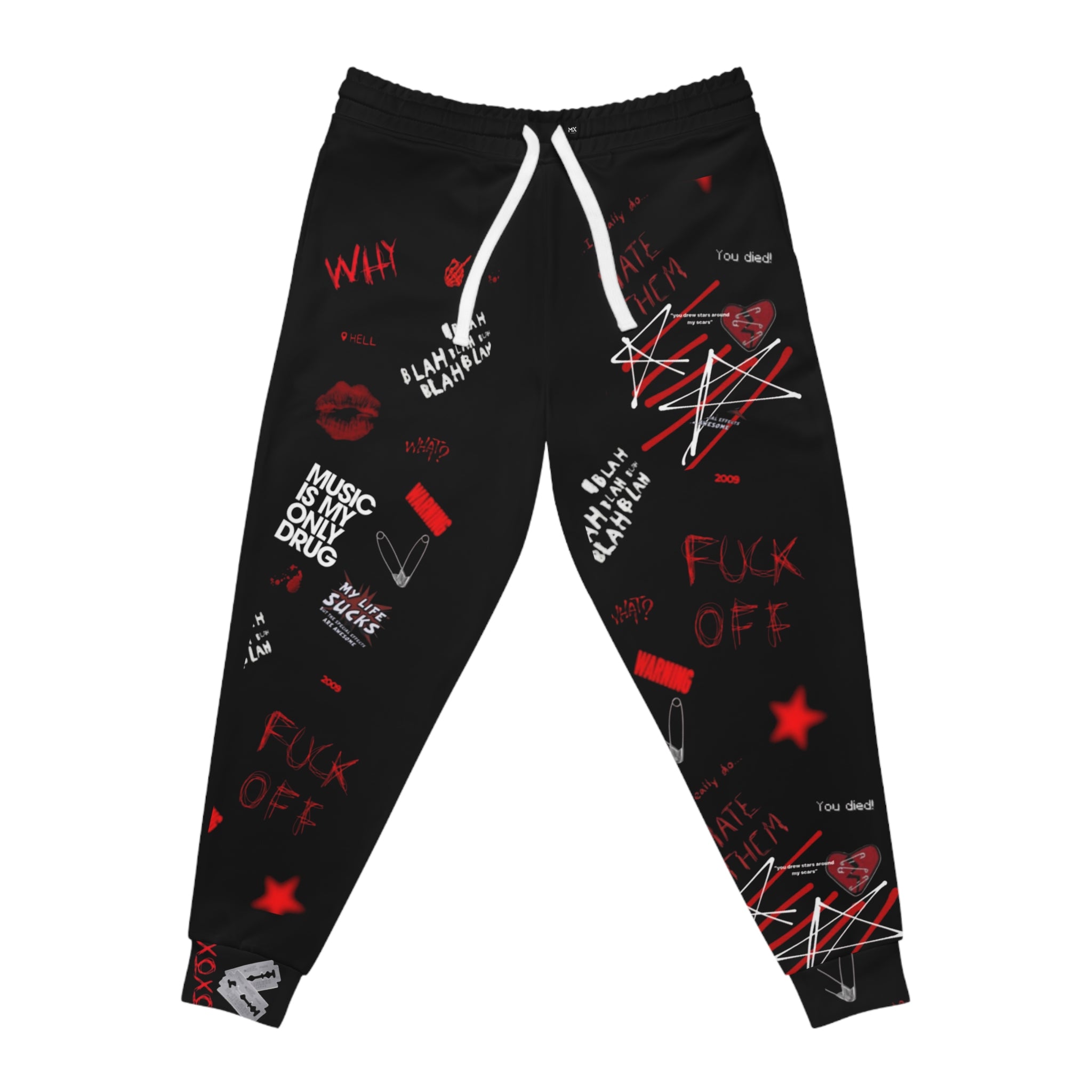 Edgy Graphic Joggers — Red & Black Punk All-Over Print