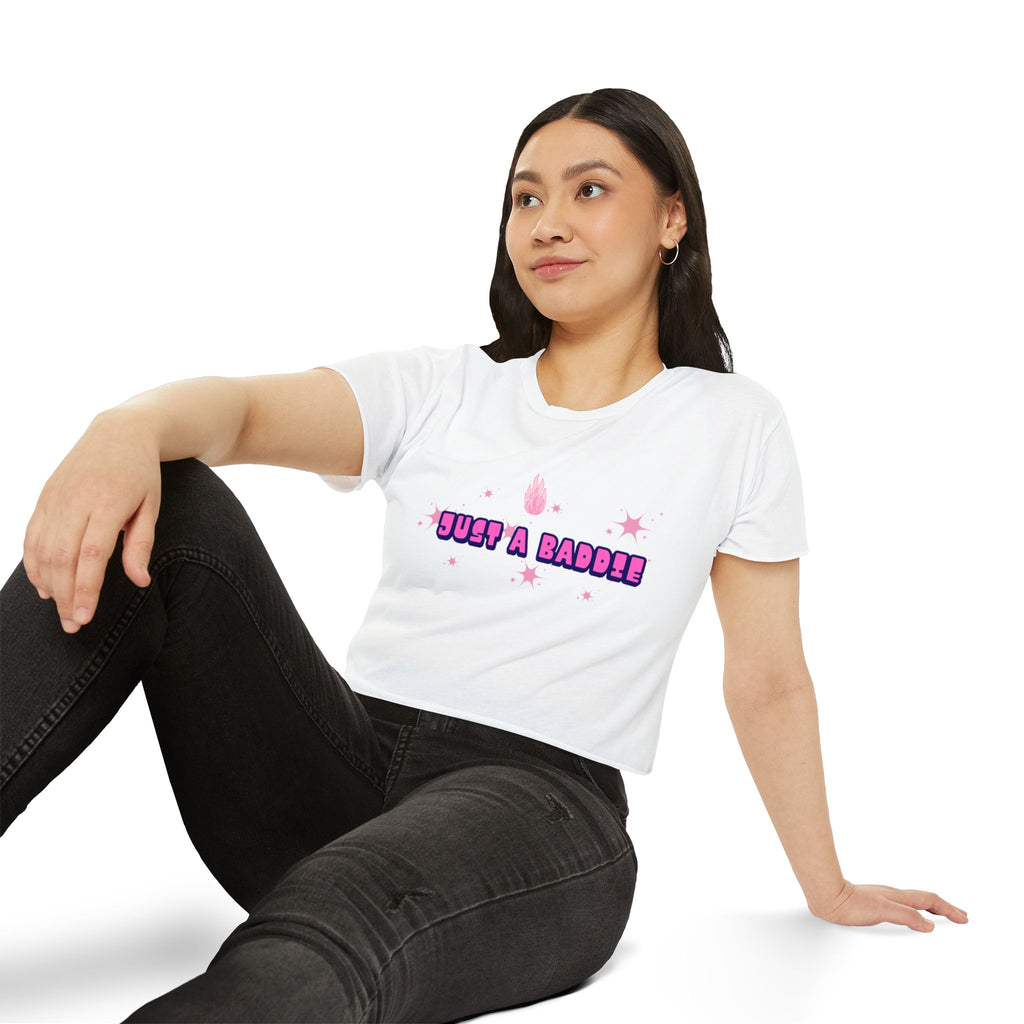 Crop Top — "Just a Baddie" Pink Festival Graphic