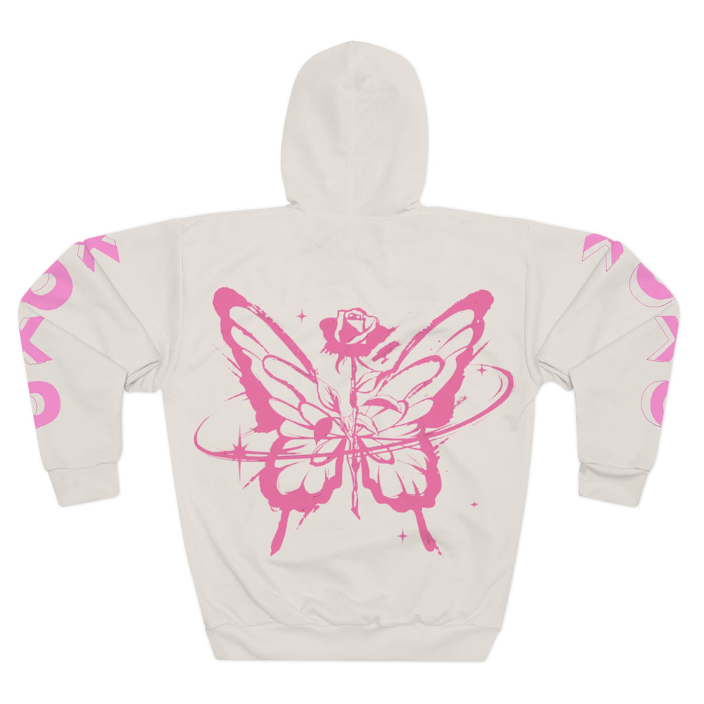Butterfly Love Hoodie — Pink Butterfly & Rose Graphic Zip-Up