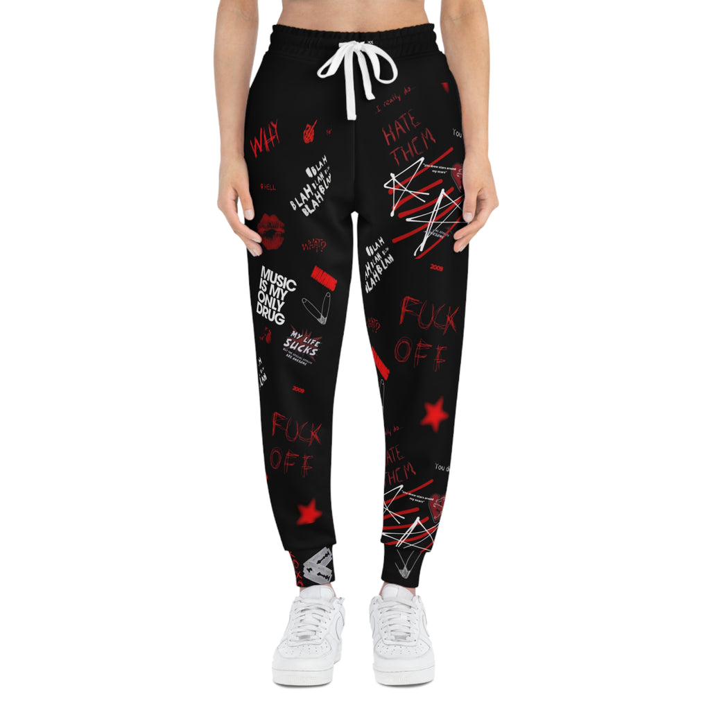 Edgy Graphic Joggers — Red & Black Punk All-Over Print