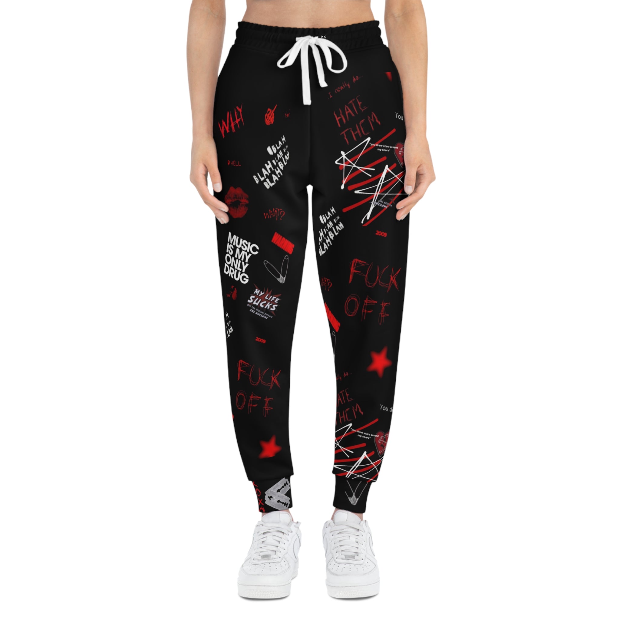 Edgy Graphic Joggers — Red & Black Punk All-Over Print
