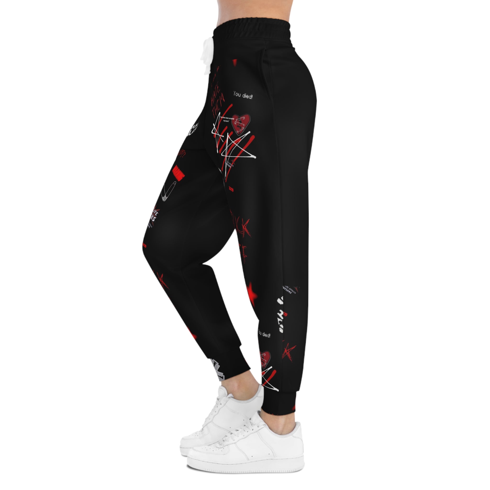 Edgy Graphic Joggers — Red & Black Punk All-Over Print