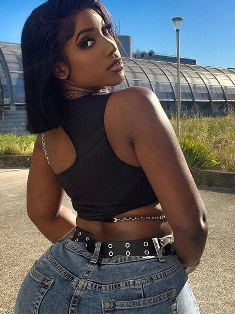 High Street Grunge Chain Cut Out Crop Top Women Summer