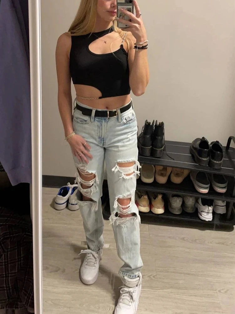 High Street Grunge Chain Cut Out Crop Top Women Summer